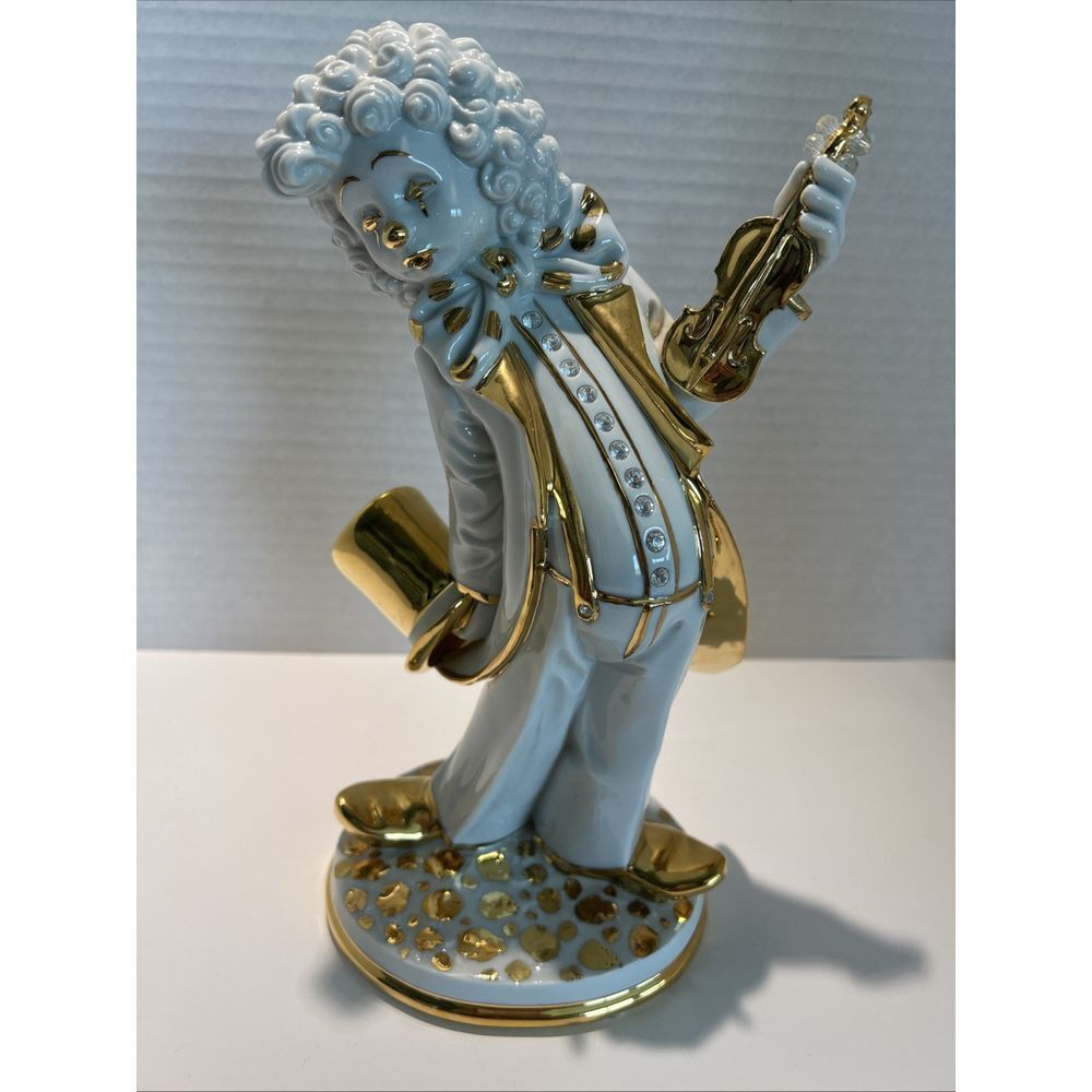 Rare Capodimonte Swarovski Crystals Porcelain Violin Clown 10" Gold‎